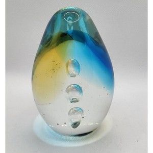 Tall Egg Shape Art Glass Paperweight Blue & Yellow Two-tone  Bubbles